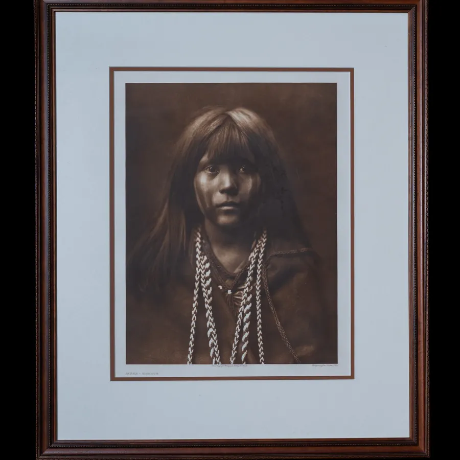 Mosa-Mohave photogravure by Edward S. Curtis, 1903 - portrait of a young Mohave woman with long hair and braided necklaces