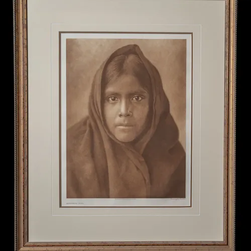 Qahatyka Girl photogravure by Edward S. Curtis, 1907 - young girl wrapped in a brown-tinted robe against a misty background