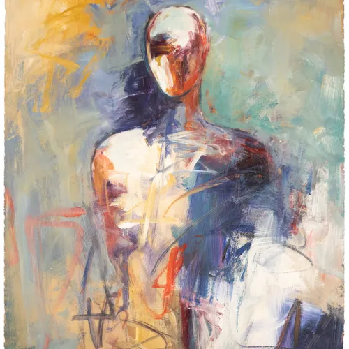 Strong Woman in Blues by Jean Wallin - 30x22 figurative acrylic on paper