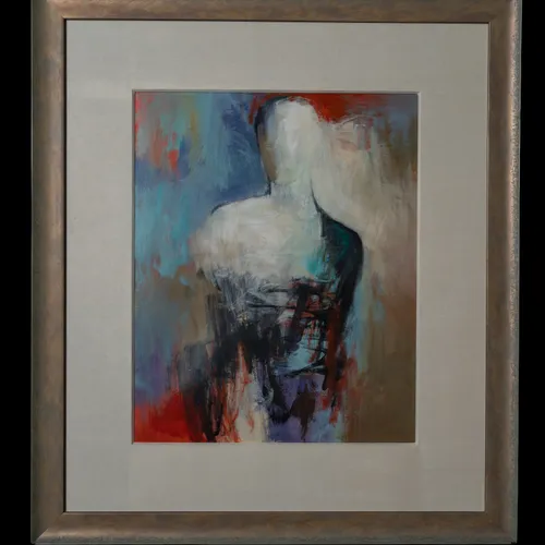 Woman in White painting by Jean Wallin, 2003 - standing figure rendered in white and beige against shifting fields of blue, red, and earth tones