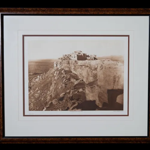 Walpi photogravure by Edward S. Curtis, 1907 - Hopi mesa with multi-tiered adobe dwellings atop sheer rock cliffs
